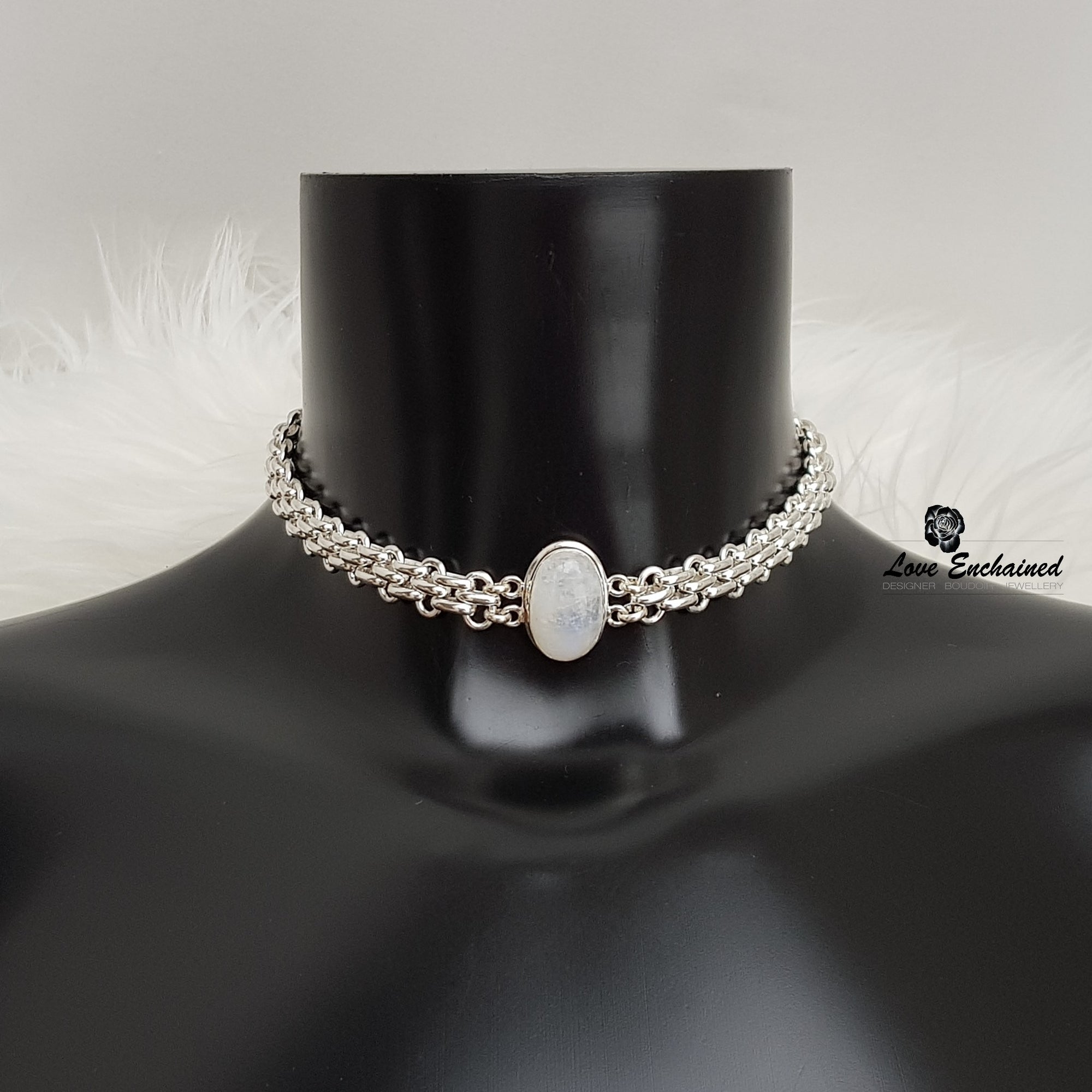 Entwined Moonstone submissive collar - sterling silver large links & Moonstone