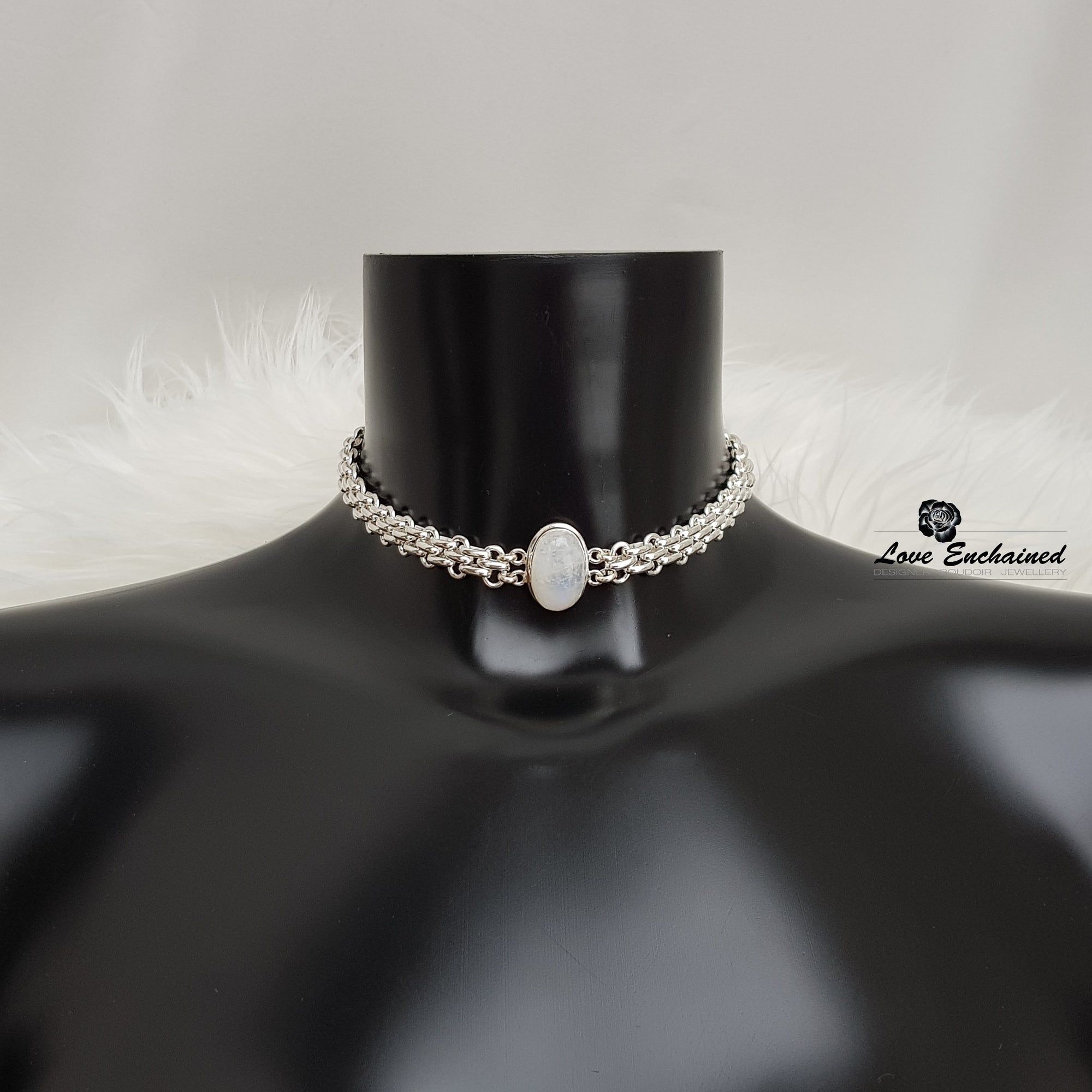 Entwined Moonstone submissive collar - sterling silver large links & Moonstone