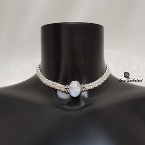 Little Byzantine Queen Moonstone submissive collar - sterling silver double chainmail & Moonstone