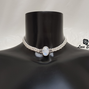 Little Byzantine Queen Moonstone submissive collar - sterling silver double chainmail & Moonstone