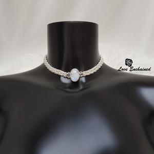 Little Byzantine Queen Moonstone submissive collar - sterling silver double chainmail & Moonstone