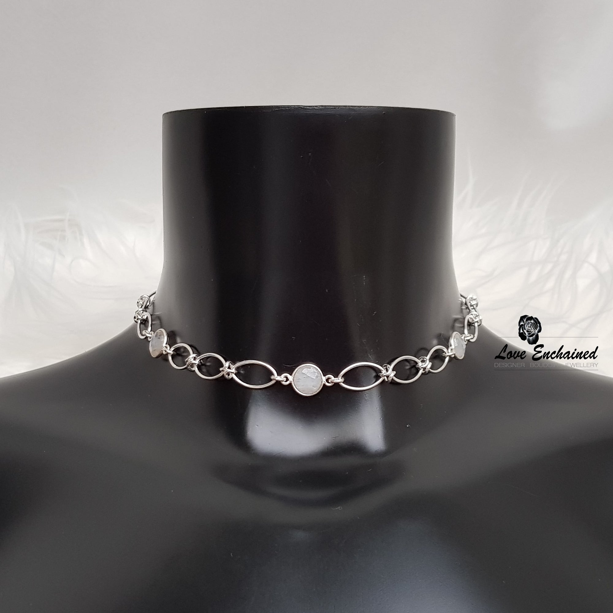 Love Knots Moonstone submissive day collar - sterling silver chain and moonstone.