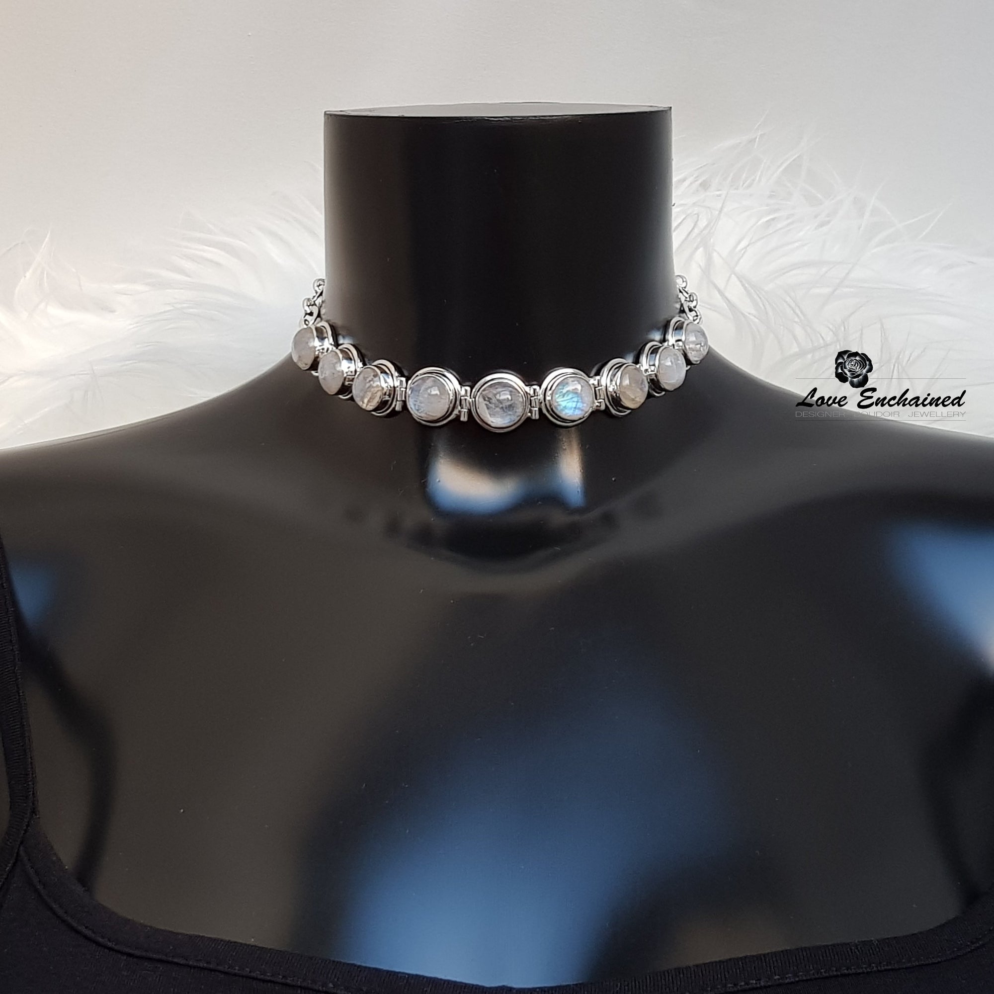 Moonstone Queen ~ Luxury submissive collar - moonstone & Sterling silver chain