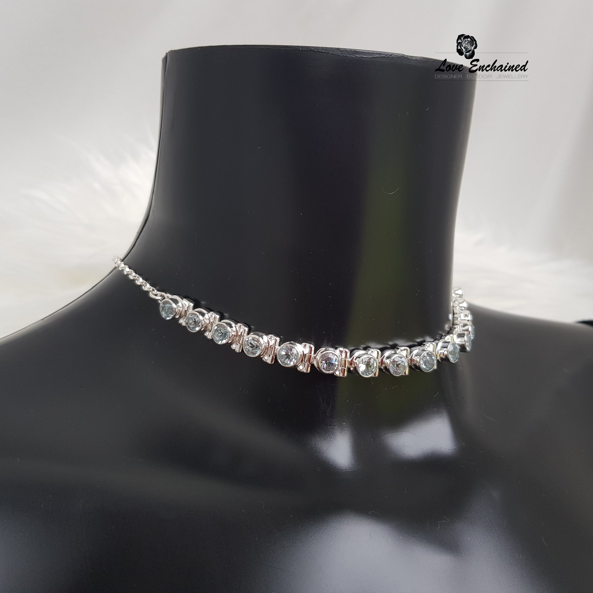 Sky Beauty submissive collar - small blue topaz and Sterling silver day collar