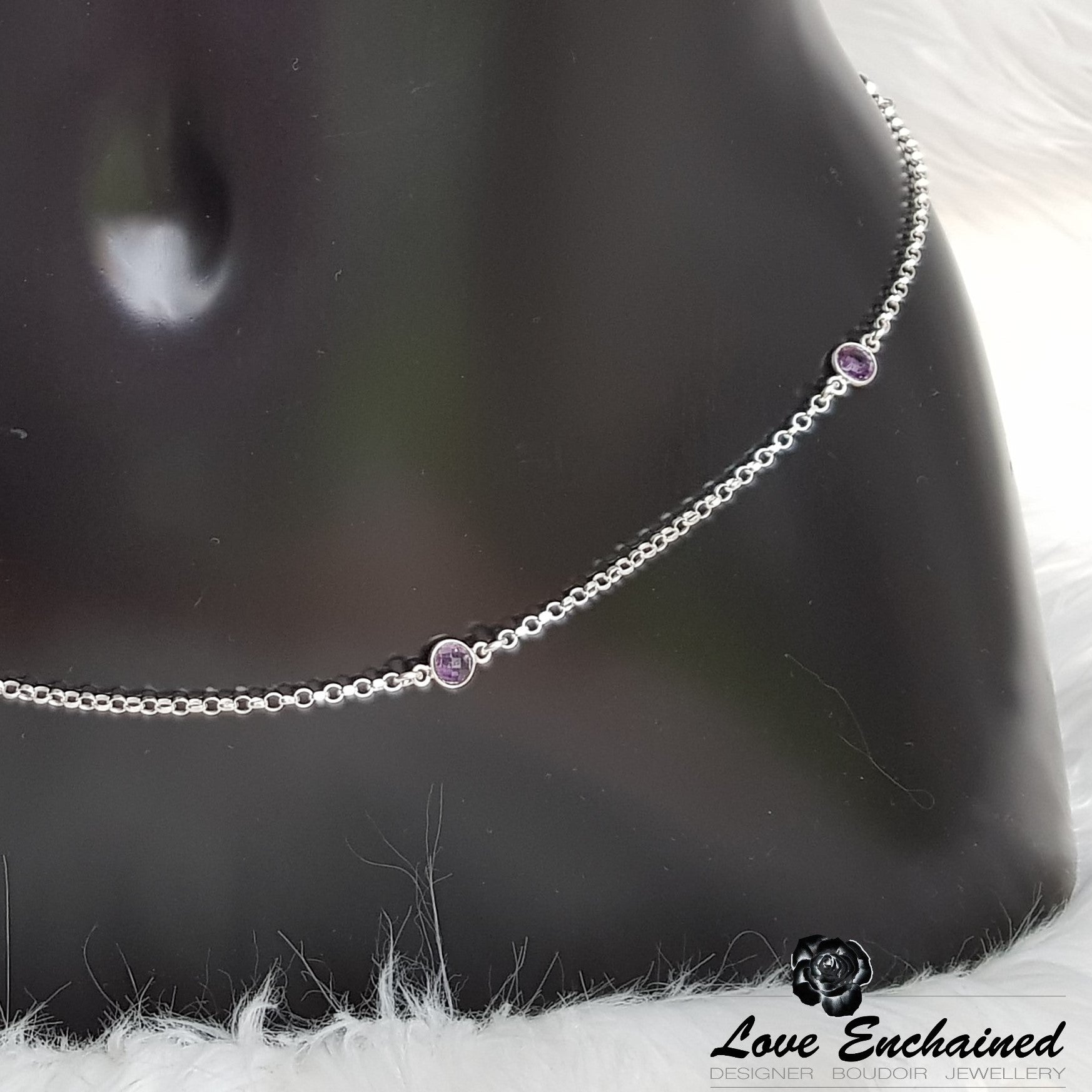 Love Enchained sterling silver and small faceted amethysts waist chain