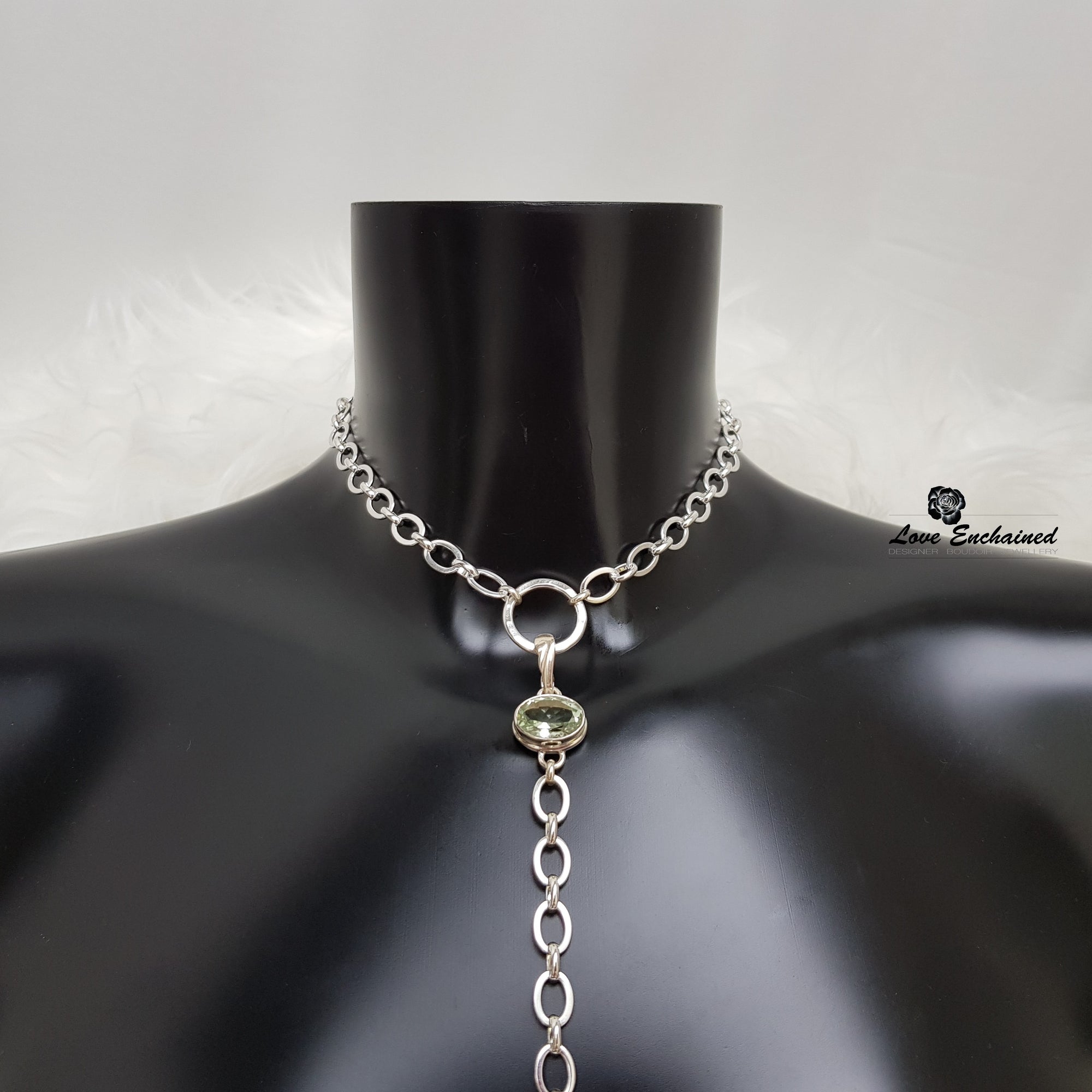 Venus O Collar and Leash/Body Chain - sterling silver chain and green amethyst