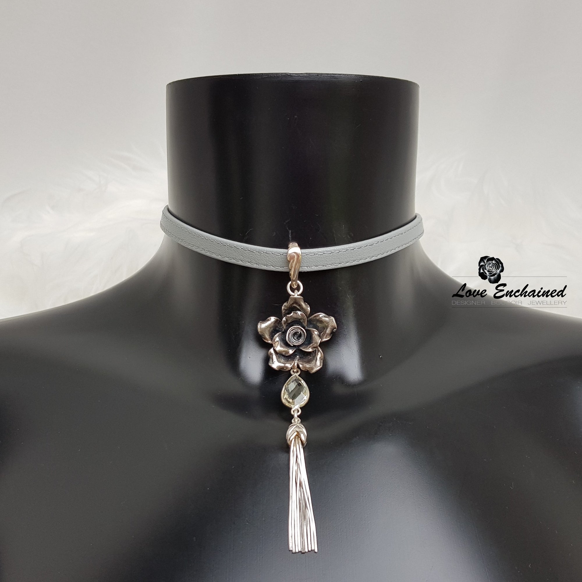 Love Enchained sterling silver rose blossom, green amethyst and sterling silver tassel interchangeable pendant