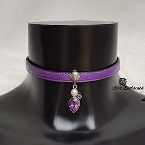 Purple leather, Amethyst and Pearl day collar