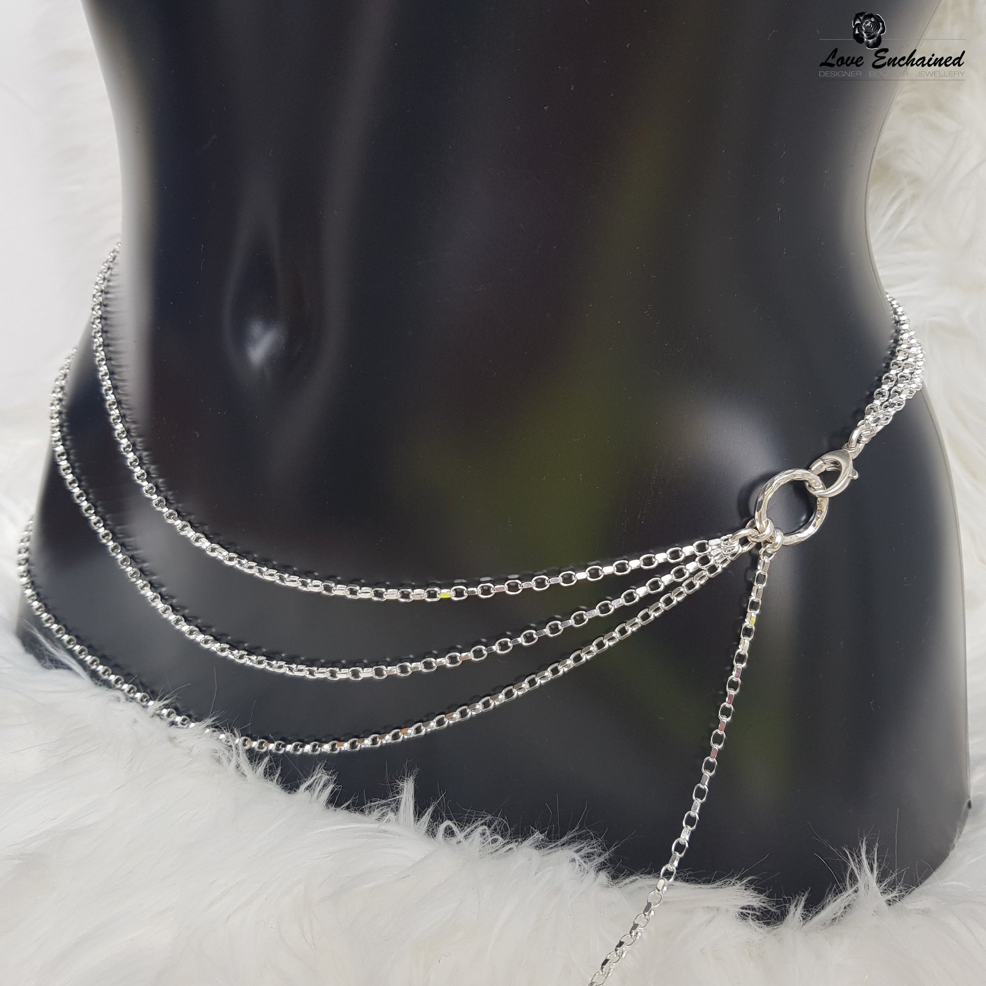 Love Enchained luxury sterling silver triple waist chain with O ring and spike