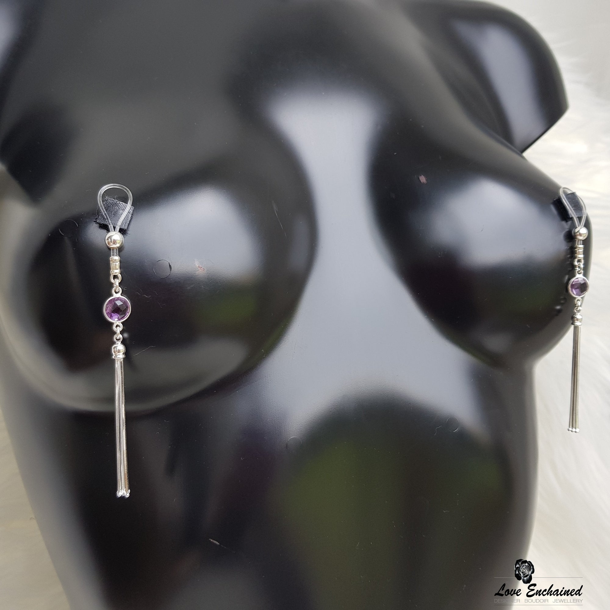 Tassel Princess nipple jewellery - sterling silver chain and purple amethyst